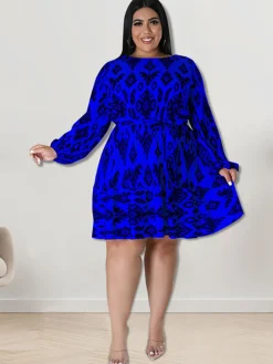 Plus Size Long Sleeves Round Neck Midi Dress