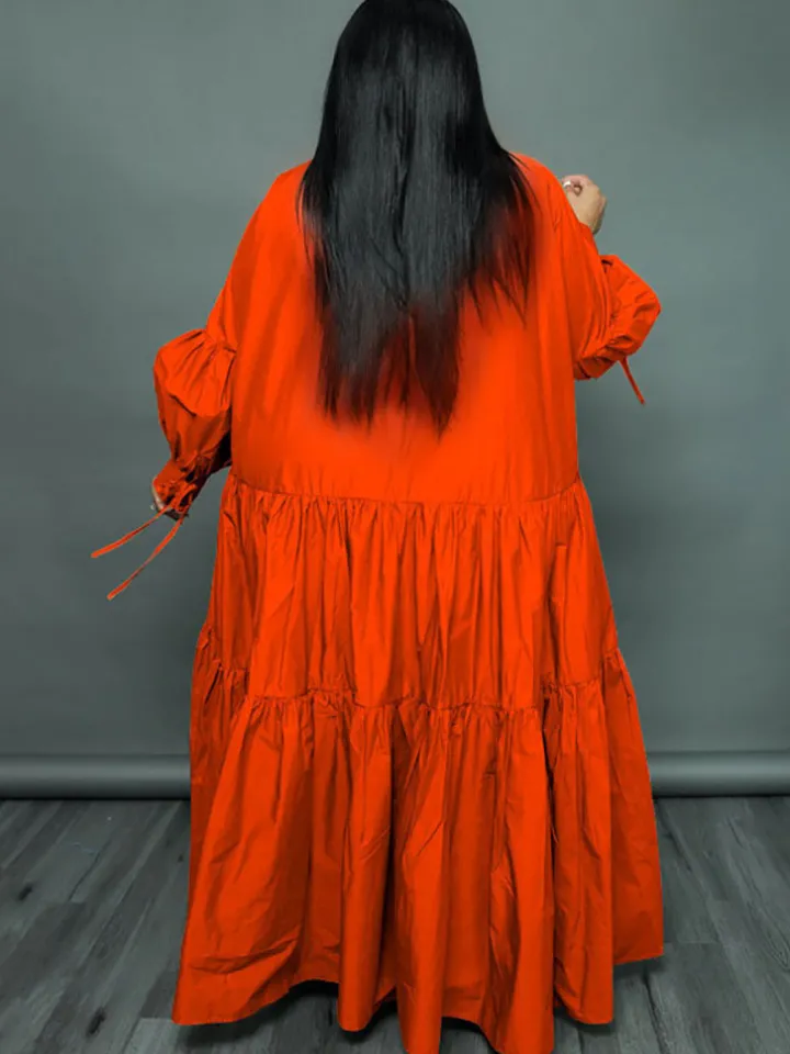 Plus Size Long Sleeves Ruffle Hem Maxi Dress