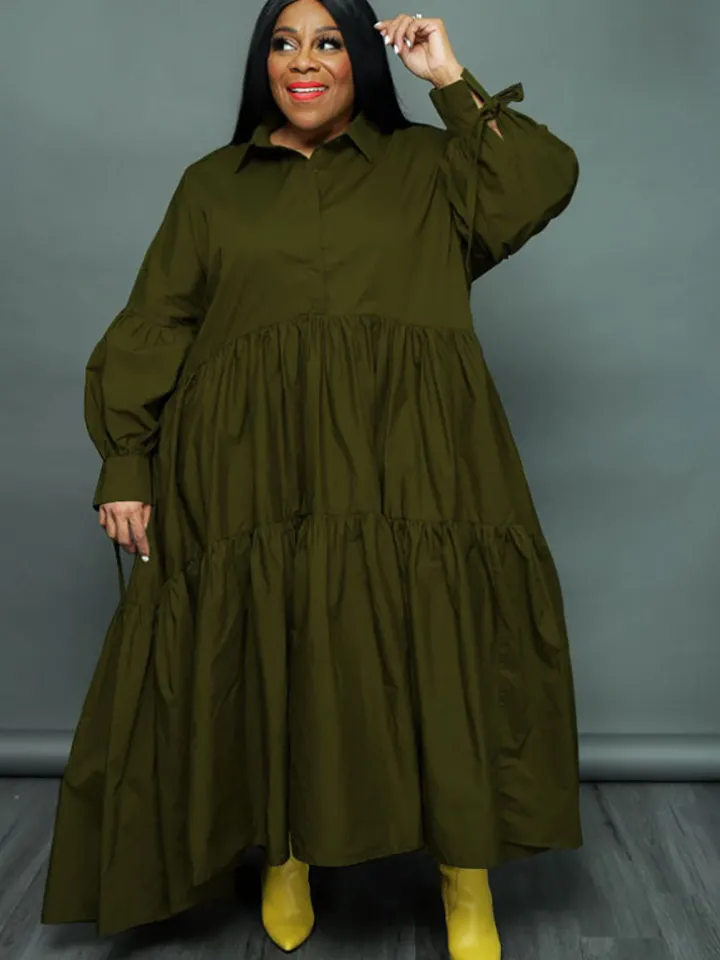 Plus Size Long Sleeves Ruffle Hem Maxi Dress