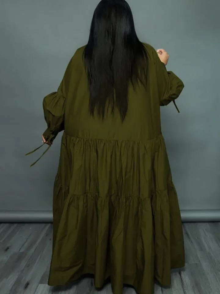 Plus Size Long Sleeves Ruffle Hem Maxi Dress