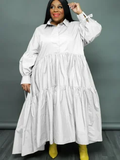 Plus Size Long Sleeves Ruffle Hem Maxi Dress