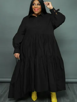 Plus Size Long Sleeves Ruffle Hem Maxi Dress