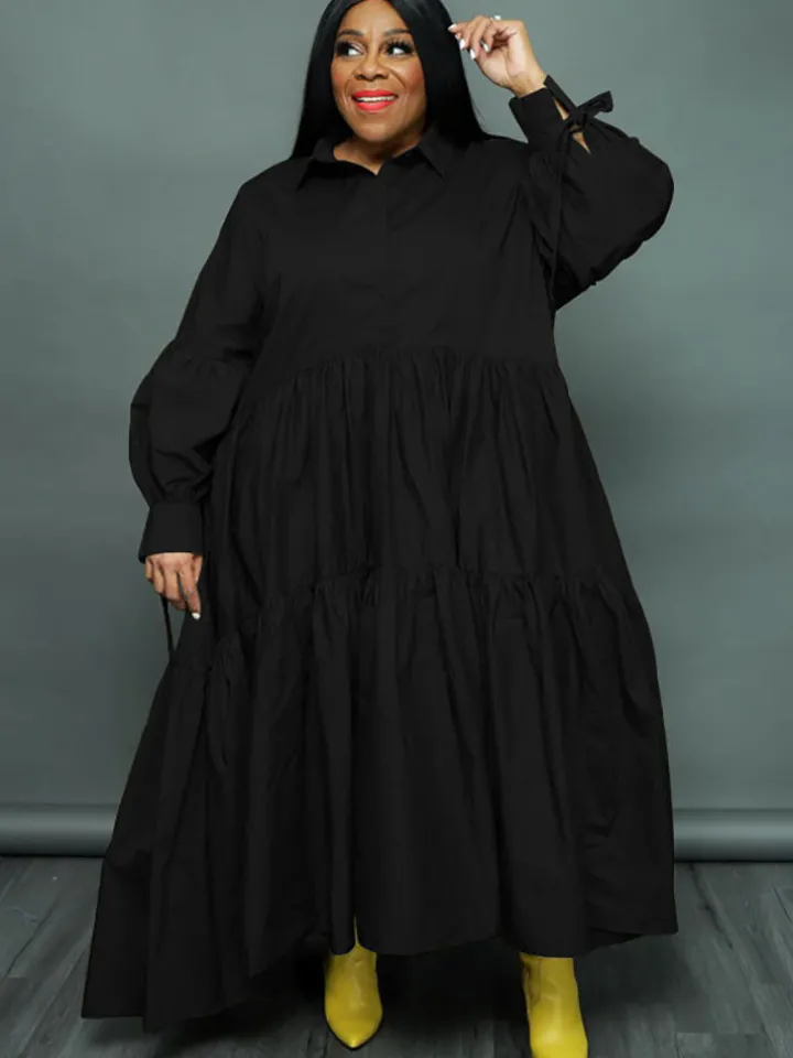 Plus Size Long Sleeves Ruffle Hem Maxi Dress