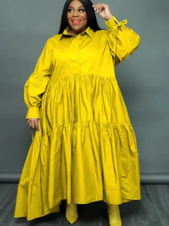 Plus Size Long Sleeves Ruffle Hem Maxi Dress