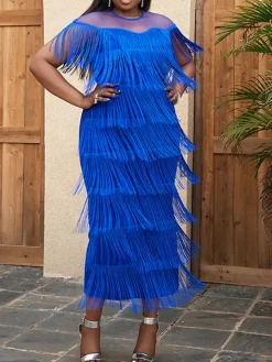 Plus Size Mesh Side Slit Tassel Fringe Dress