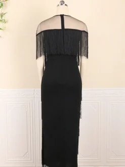 Plus Size Mesh Side Slit Tassel Fringe Dress