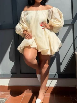 Plus Size Off Shoulder Puff Sleeve Dress