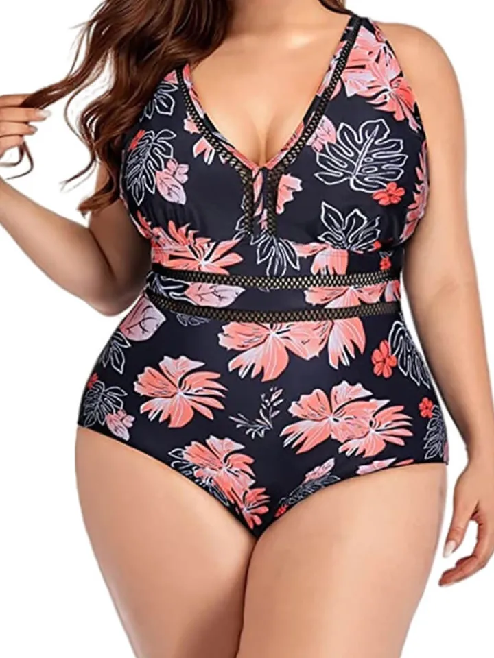 Plus Size One Piece Floral Hollow Out Swimsuit