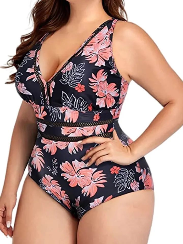 Plus Size One Piece Floral Hollow Out Swimsuit
