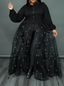 Plus Size Pearl Mesh Patchwork Top