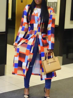 Plus Size Plaid Colorful Print Double-Breasted Lapel Coat