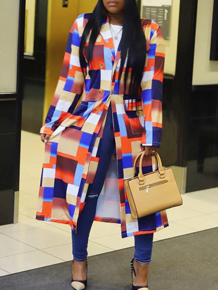 Plus Size Plaid Colorful Print Double-Breasted Lapel Coat