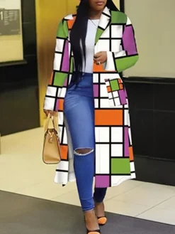 Plus Size Plaid Colorful Print Double-Breasted Lapel Coat