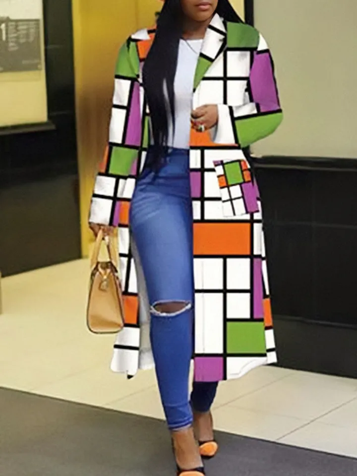 Plus Size Plaid Colorful Print Double-Breasted Lapel Coat