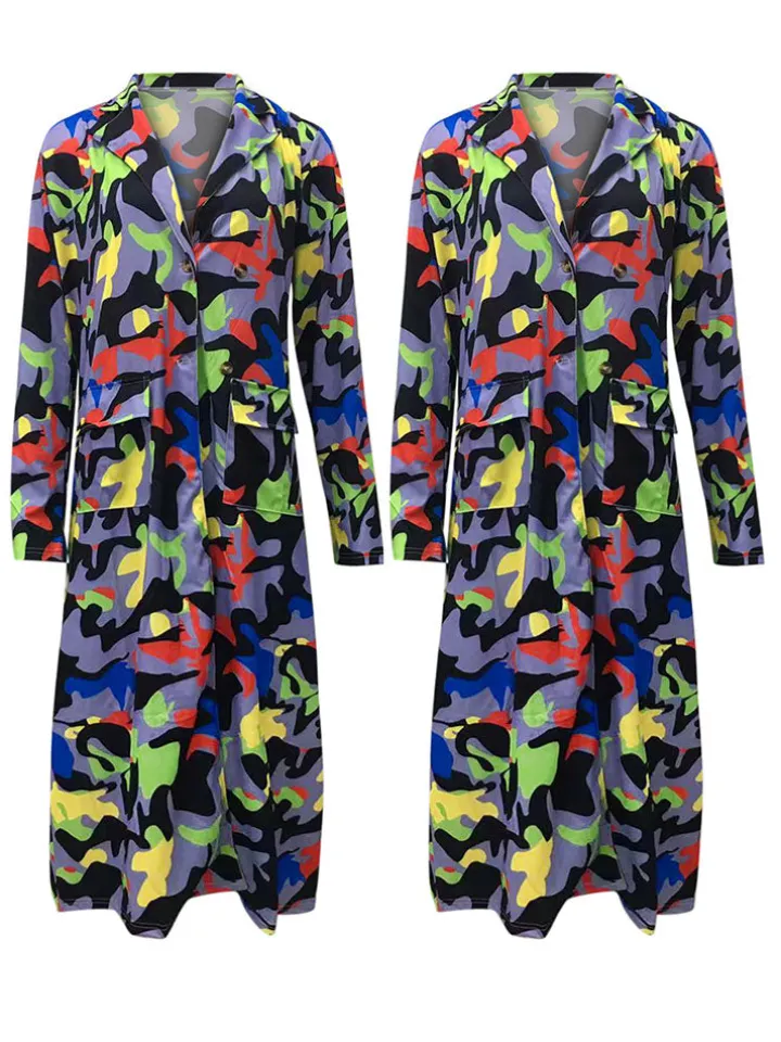 Plus Size Plaid Colorful Print Double-Breasted Lapel Coat