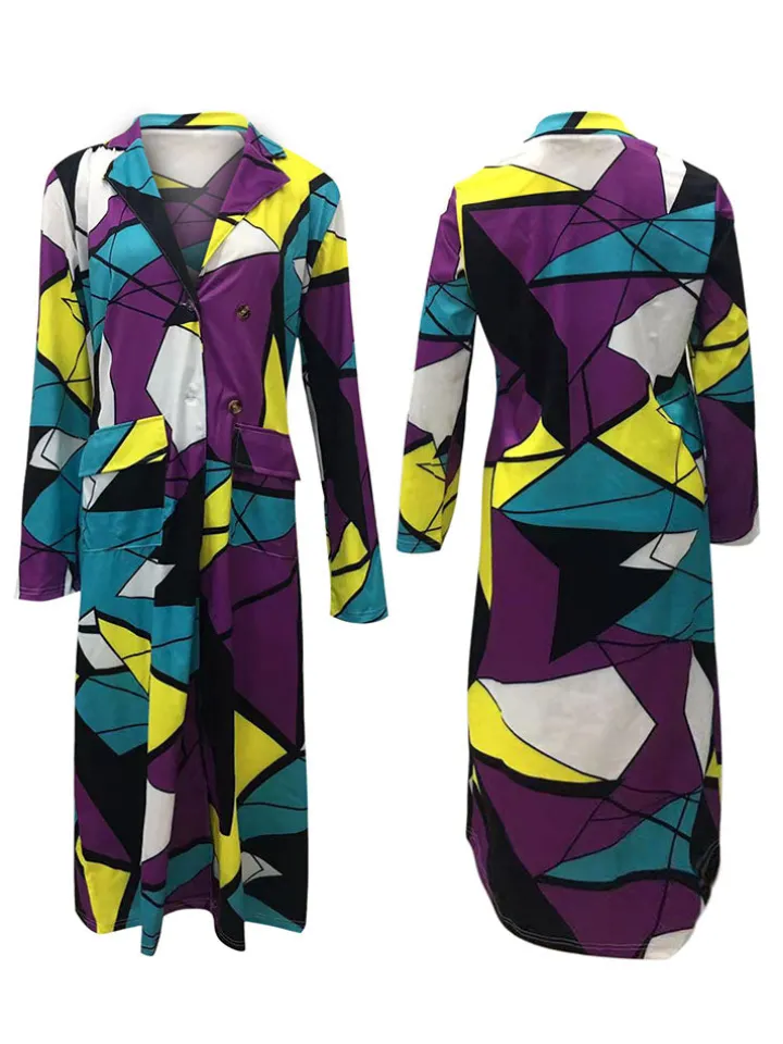 Plus Size Plaid Colorful Print Double-Breasted Lapel Coat