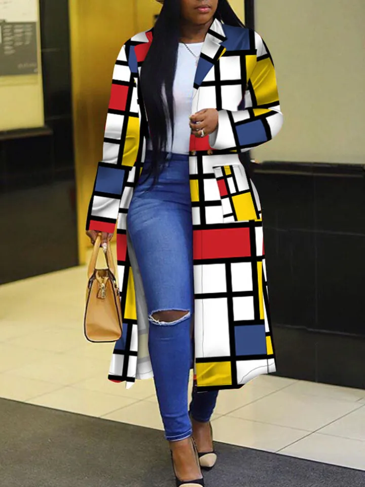 Plus Size Plaid Colorful Print Double-Breasted Lapel Coat