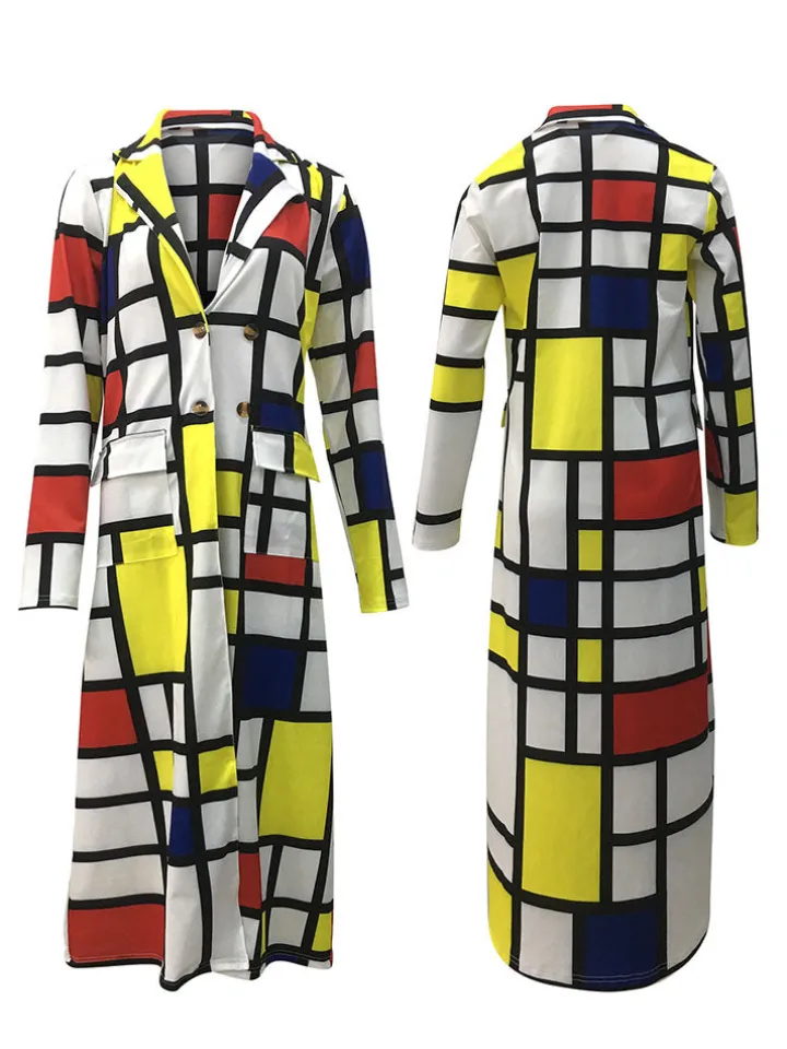 Plus Size Plaid Colorful Print Double-Breasted Lapel Coat