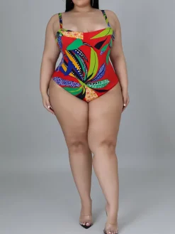 Plus Size Printed Swim Romper Cover Set