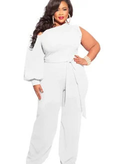 Plus Size Puff Sleeve Belted Wide Leg Pant Jumpsuit