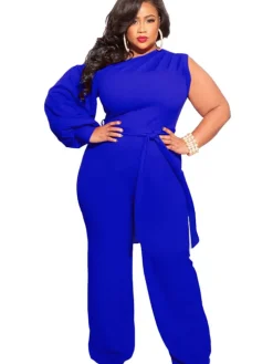 Plus Size Puff Sleeve Belted Wide Leg Pant Jumpsuit