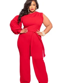Plus Size Puff Sleeve Belted Wide Leg Pant Jumpsuit