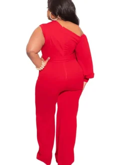 Plus Size Puff Sleeve Belted Wide Leg Pant Jumpsuit