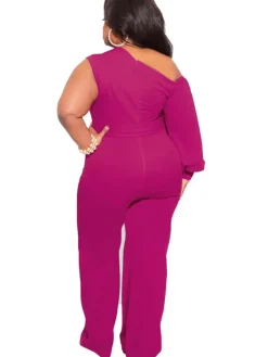 Plus Size Puff Sleeve Belted Wide Leg Pant Jumpsuit