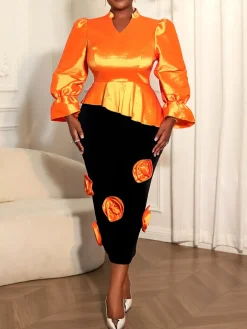 Plus Size Puff Sleeve Floral Skirt Set