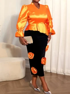 Plus Size Puff Sleeve Floral Skirt Set