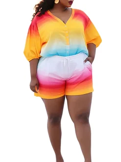 Plus Size Rainbow Gradient Color Shorts Set