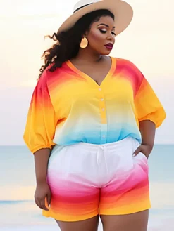 Plus Size Rainbow Gradient Color Shorts Set