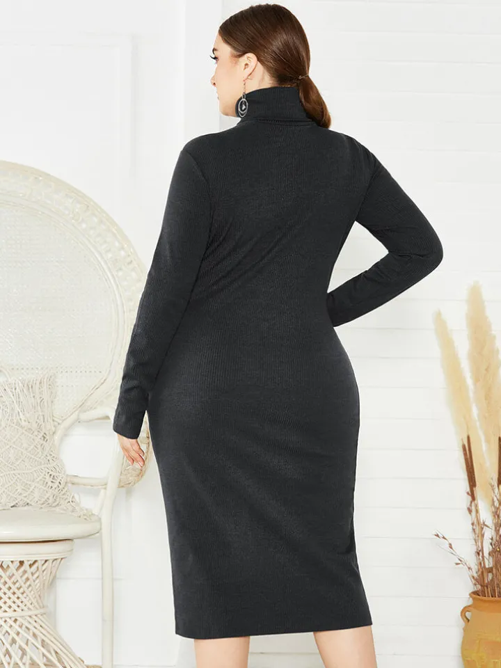 Plus Size Ribbed Pullover Knit Sweater Dress