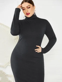 Plus Size Ribbed Pullover Knit Sweater Dress