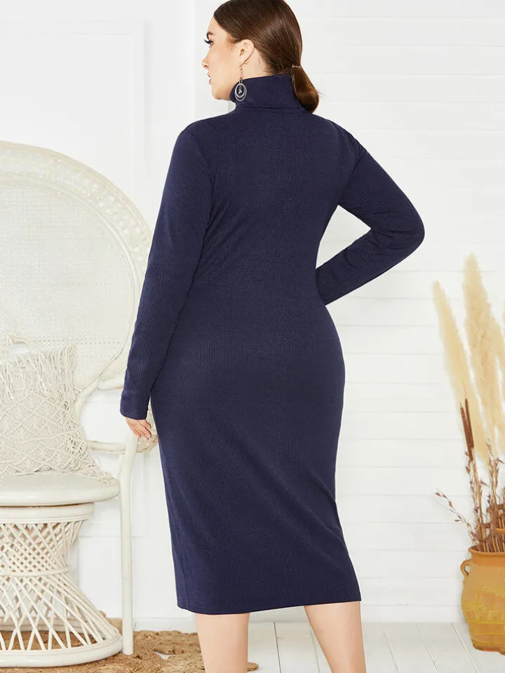 Plus Size Ribbed Pullover Knit Sweater Dress