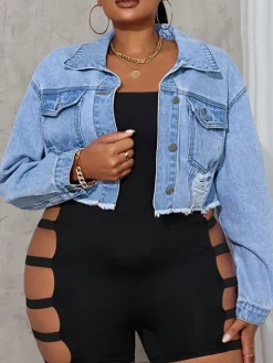 Plus Size Ripped Cropped Denim Jacket