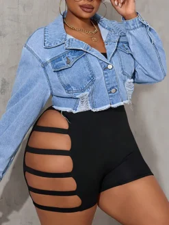 Plus Size Ripped Cropped Denim Jacket