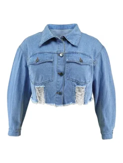 Plus Size Ripped Cropped Denim Jacket