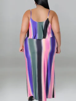 Plus Size Ruffle Strap Rainbow Stripe Print Dress