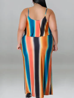 Plus Size Ruffle Strap Rainbow Stripe Print Dress