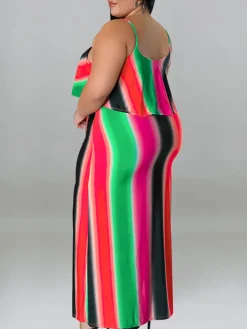 Plus Size Ruffle Strap Rainbow Stripe Print Dress