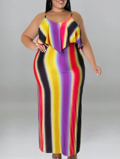 Plus Size Ruffle Strap Rainbow Stripe Print Dress