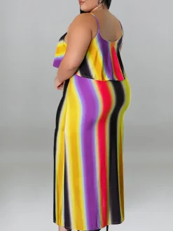Plus Size Ruffle Strap Rainbow Stripe Print Dress