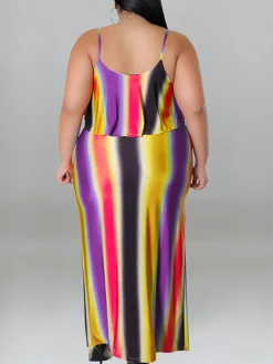 Plus Size Ruffle Strap Rainbow Stripe Print Dress