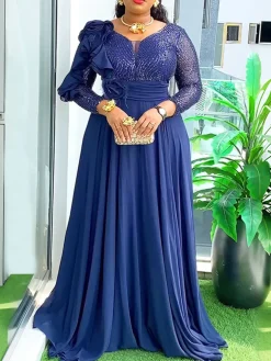 Plus Size Sequin Gown Chiffon Floral Maxi Dress