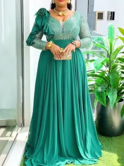 Plus Size Sequin Gown Chiffon Floral Maxi Dress