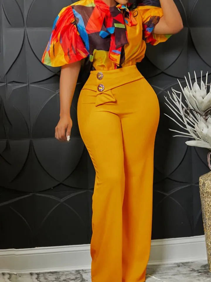 Plus Size Short Sleeve Shirt and Wide Leg Pants Set