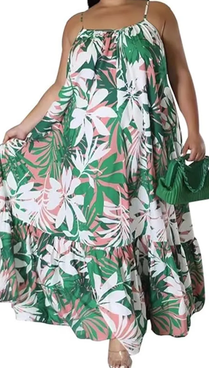 Plus Size Sleeveless Floral Print Ruffle Maxi Dress