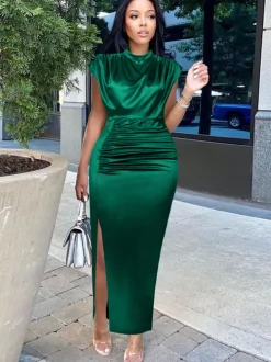 Plus Size Sleeveless Ruched Side Split Maxi Dress