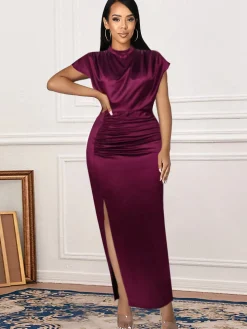 Plus Size Sleeveless Ruched Side Split Maxi Dress